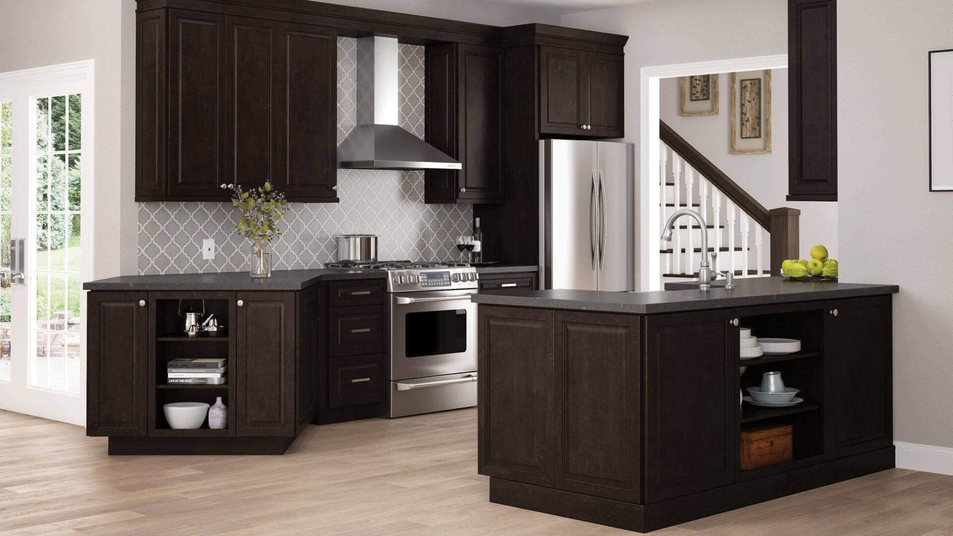 kitchen with espresso cabnets and light gray walls